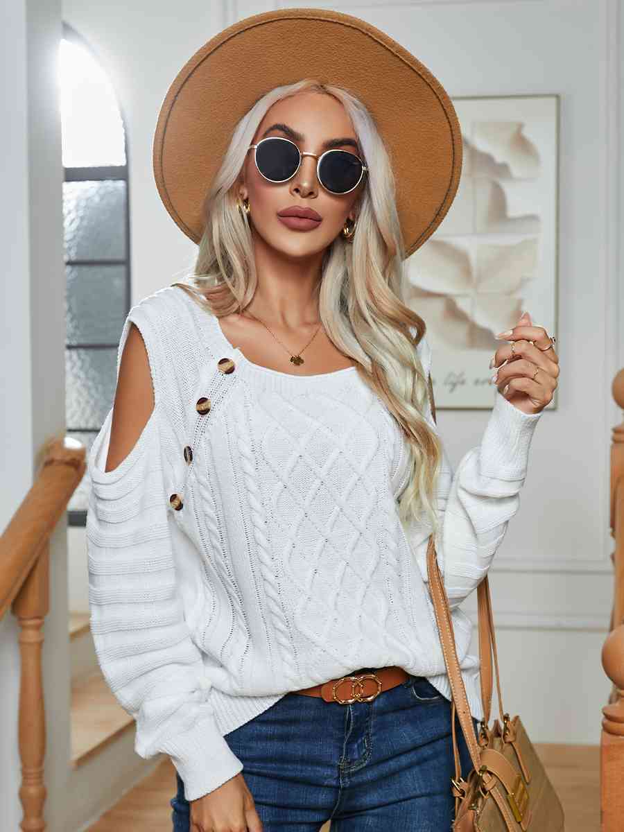 Decorative Button Cold-Shoulder Sweater - Deals DejaVu