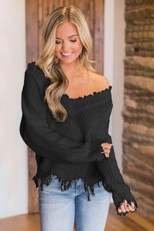 Frayed Hem Dropped Shoulder Sweater - Deals DejaVu