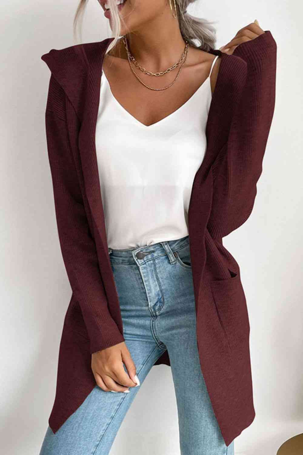 Double Take Ribbed Open Front Hooded Cardigan with Pockets - Deals DejaVu