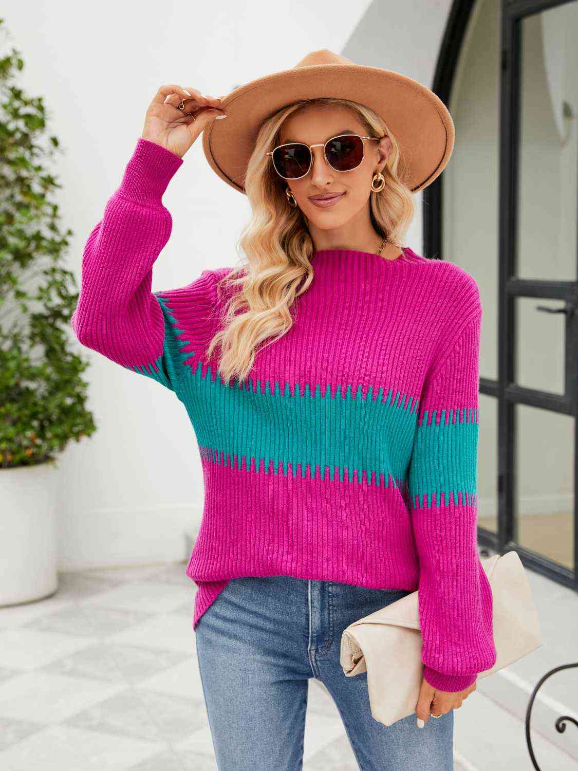 Contrast Round Neck Sweater - Deals DejaVu