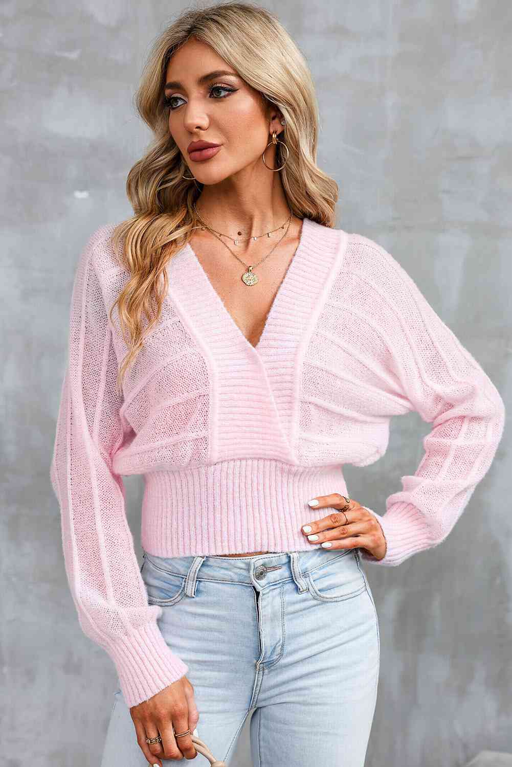 Surplice Neck Lace-Up Sweater - Deals DejaVu