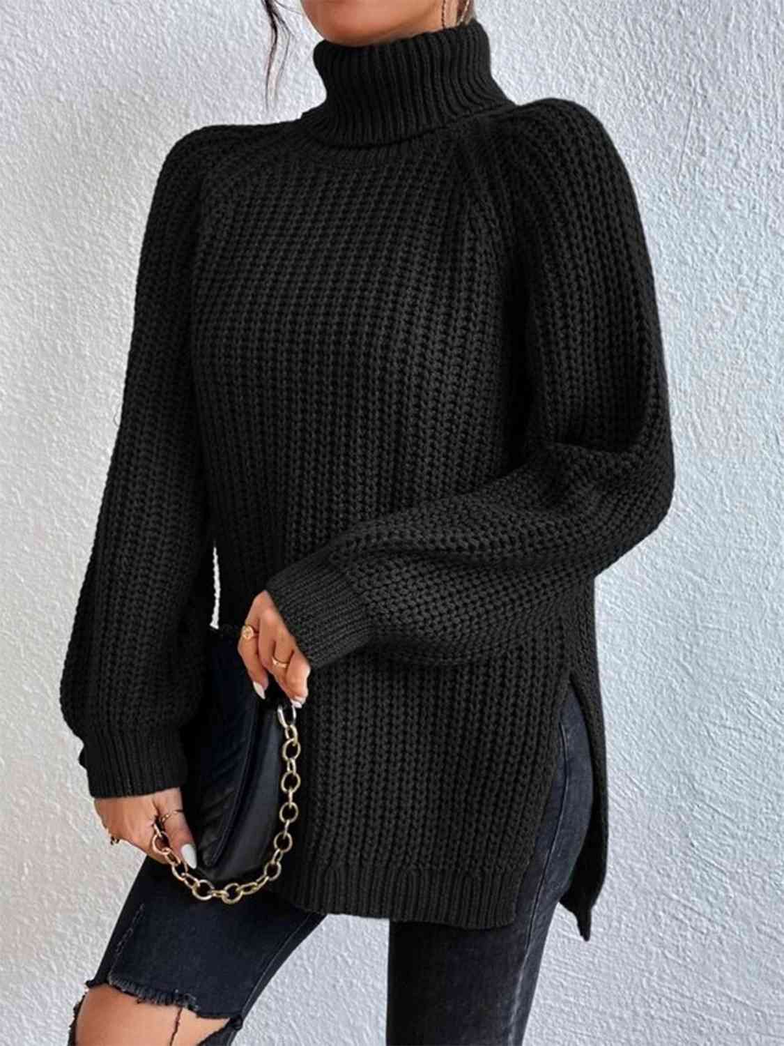 Full Size Turtleneck Rib-Knit Slit Sweater - Deals DejaVu