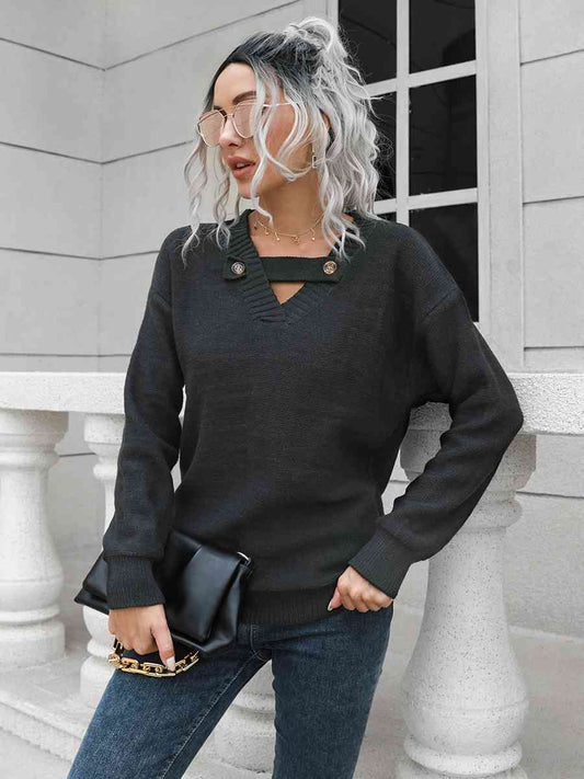 Dropped Shoulder Button Detail Sweater - Deals DejaVu