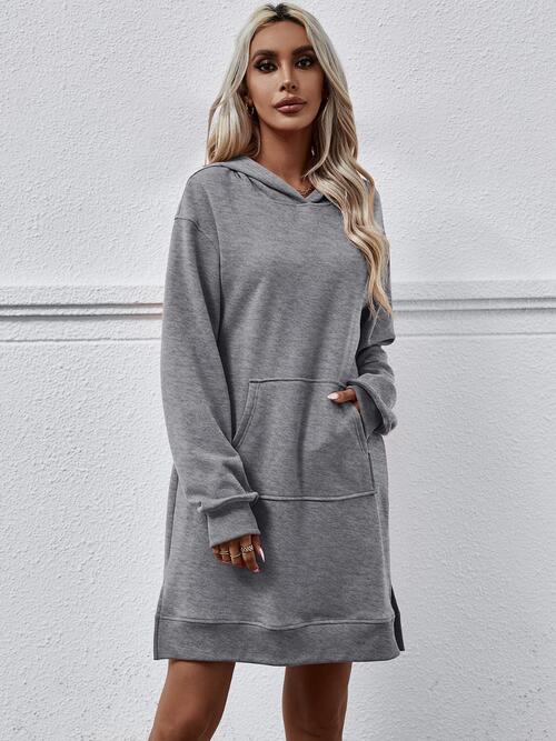 Slit Long Sleeve Hooded Dress with Pocket (MWBT) T - Deals DejaVu