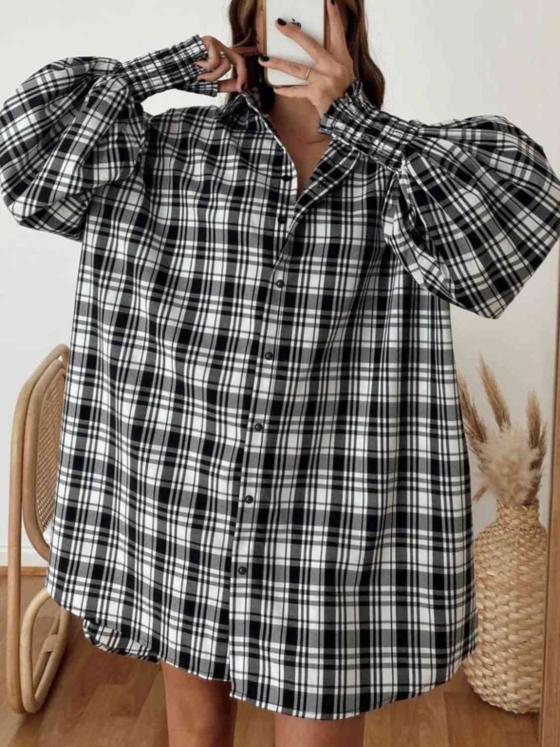 Plaid Lantern Sleeve Shirt (BFD) T - Deals DejaVu