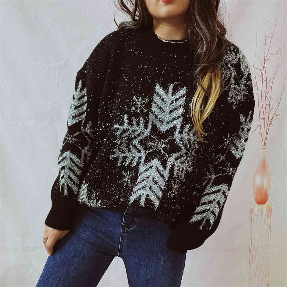 Snowflake Pattern Long Sleeve Sweater - Deals DejaVu