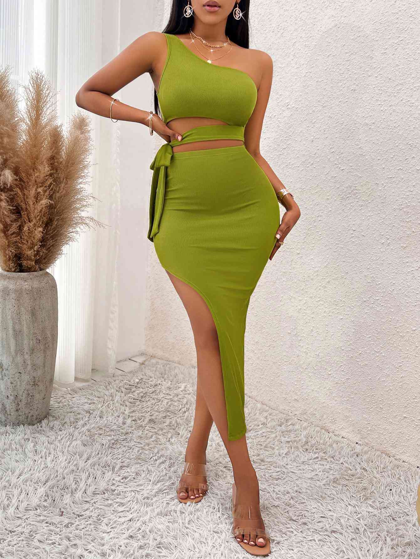 Tie Waist Asymmetrical Midi Dress (MWBT) T - Deals DejaVu