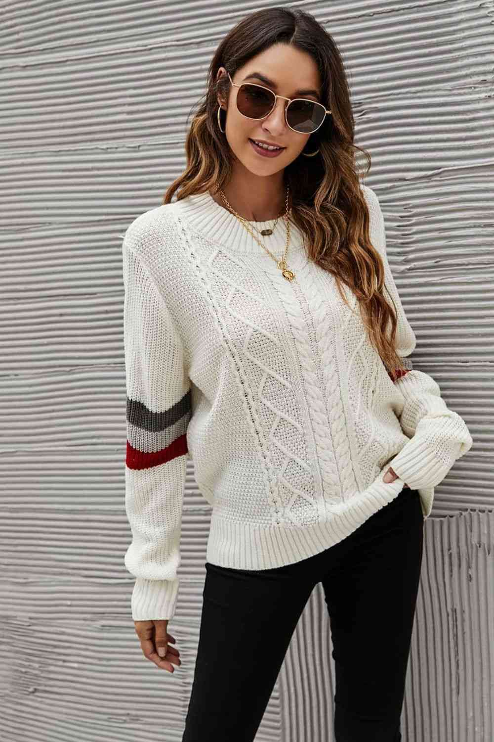 Feeling You Best Striped Cable-Knit Round Neck Sweater - Deals DejaVu