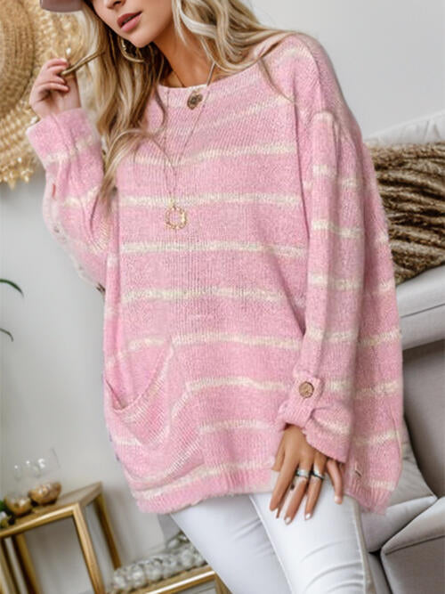 Striped Buttoned Long Sleeve Sweater with Pocket - Deals DejaVu