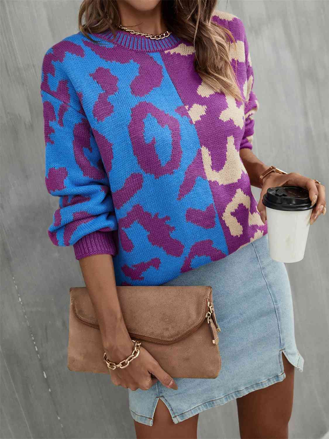 Leopard Round Neck Long Sleeve Sweater - Deals DejaVu