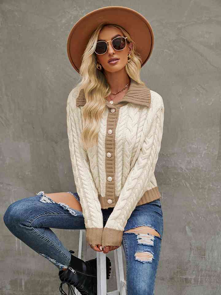 Collared Neck Long Sleeve Cardigan - Deals DejaVu