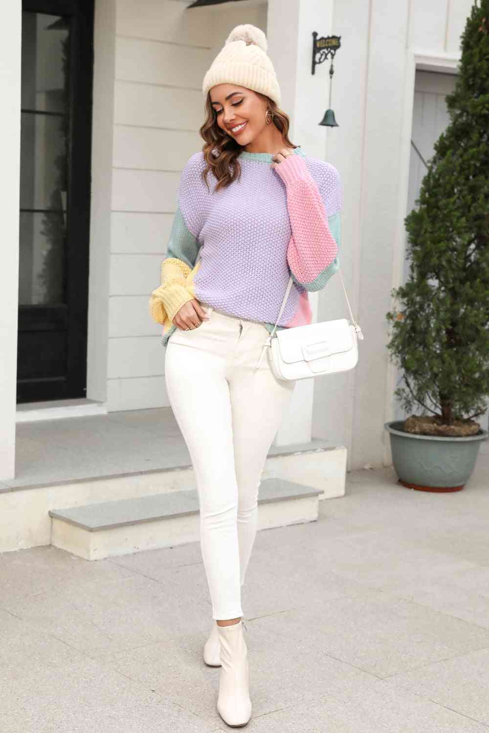 Double Take Color Block Round Neck Drop Shoulder Sweater - Deals DejaVu