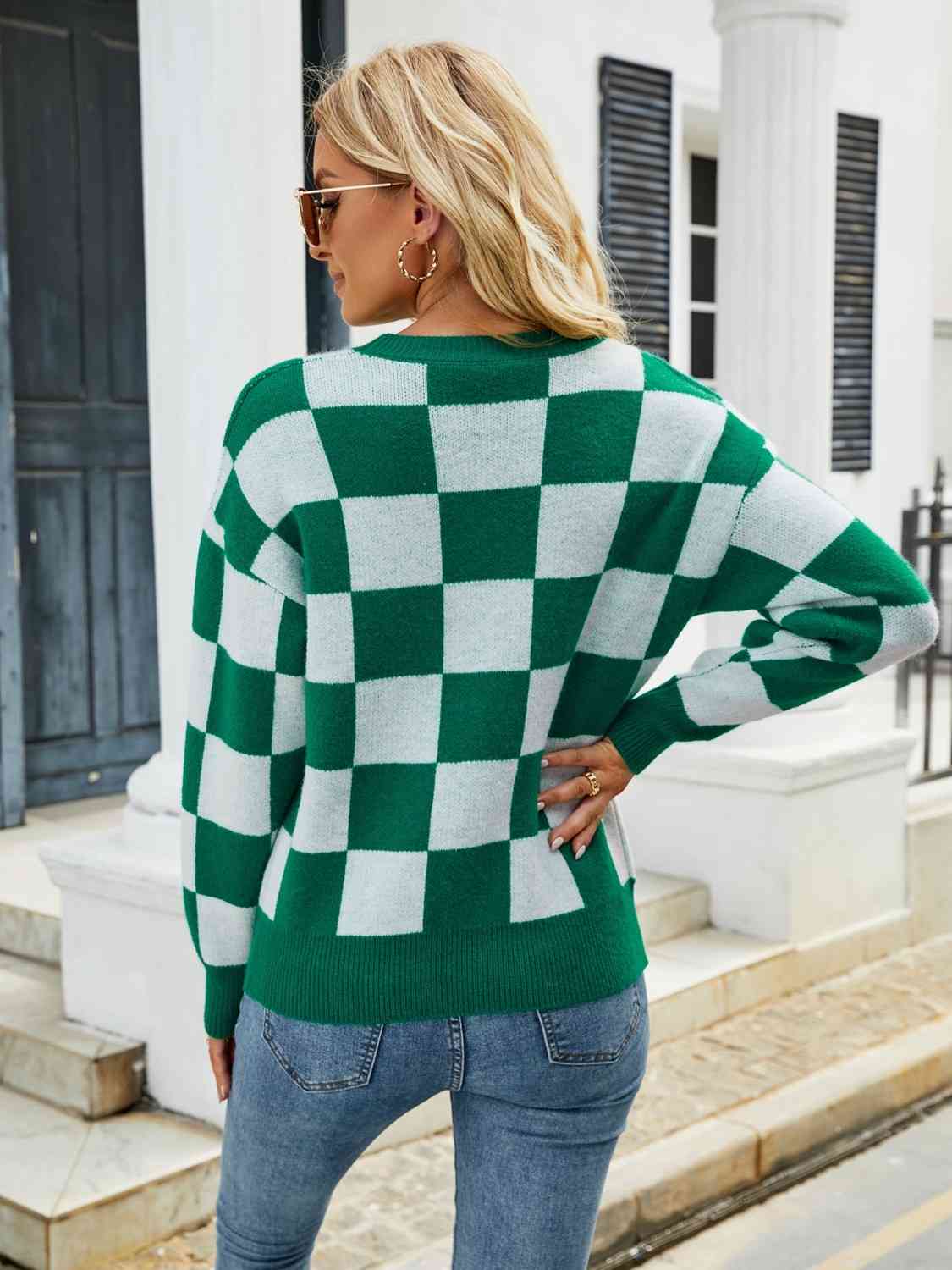 Checkered Round Neck Sweater - Deals DejaVu