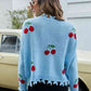 Cherry Pattern Frayed Trim V-Neck Sweater