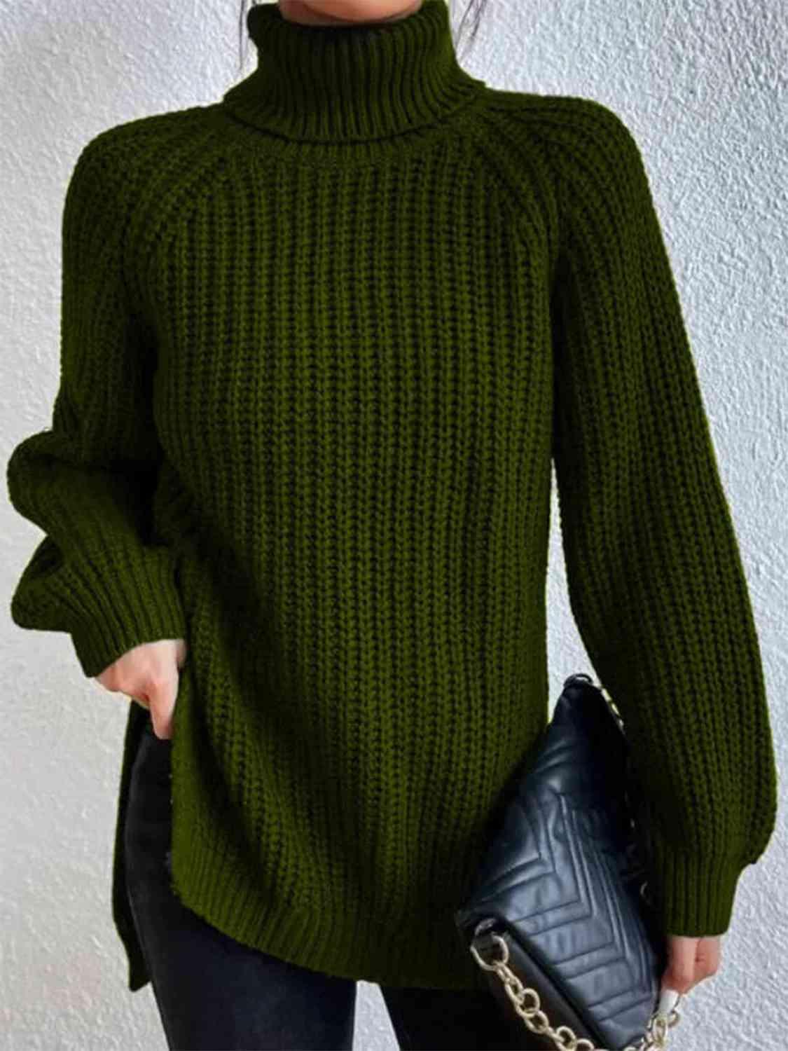 Full Size Turtleneck Rib-Knit Slit Sweater - Deals DejaVu