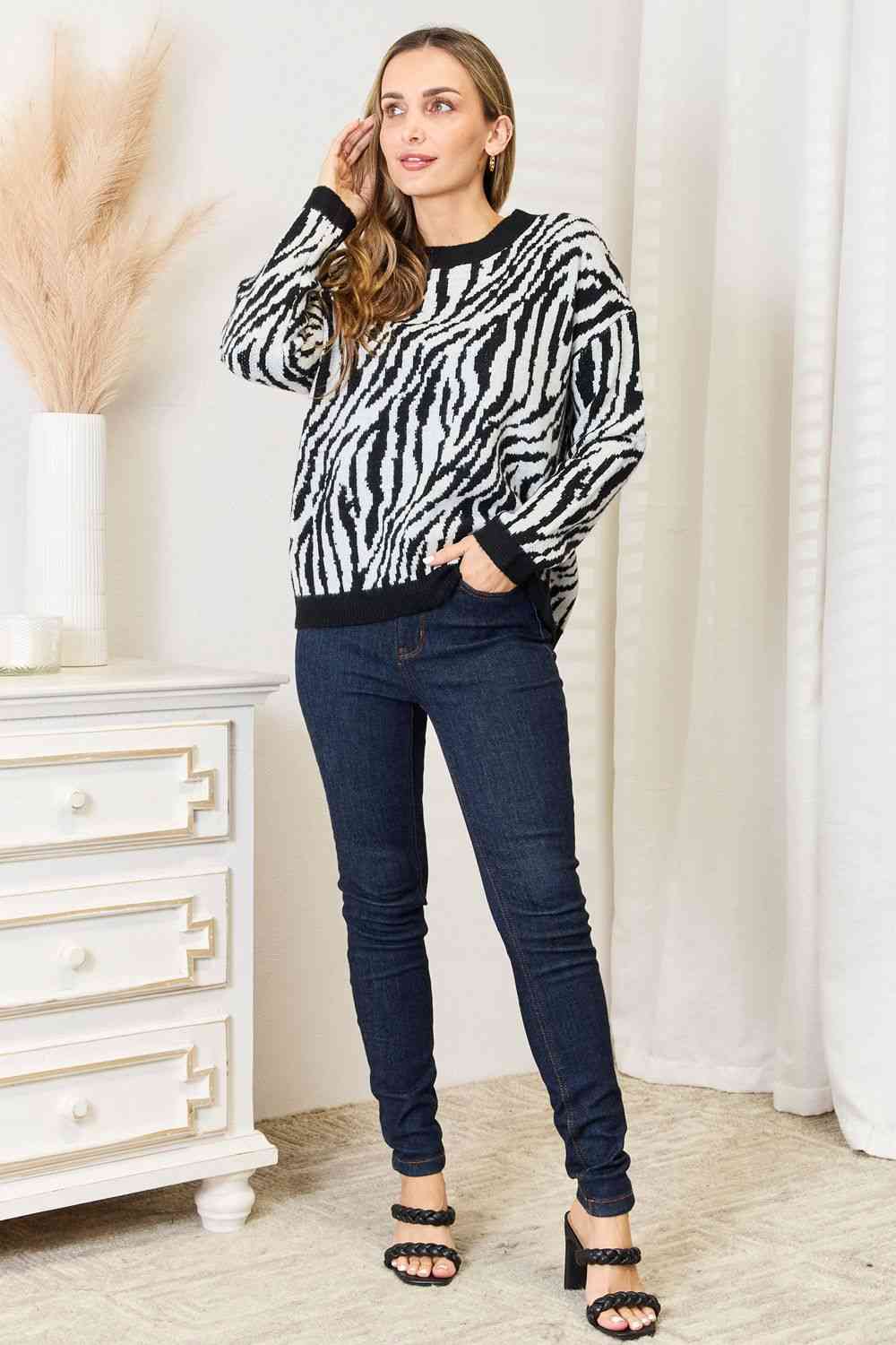 Heimish Full Size Zebra Print Sweater - Deals DejaVu