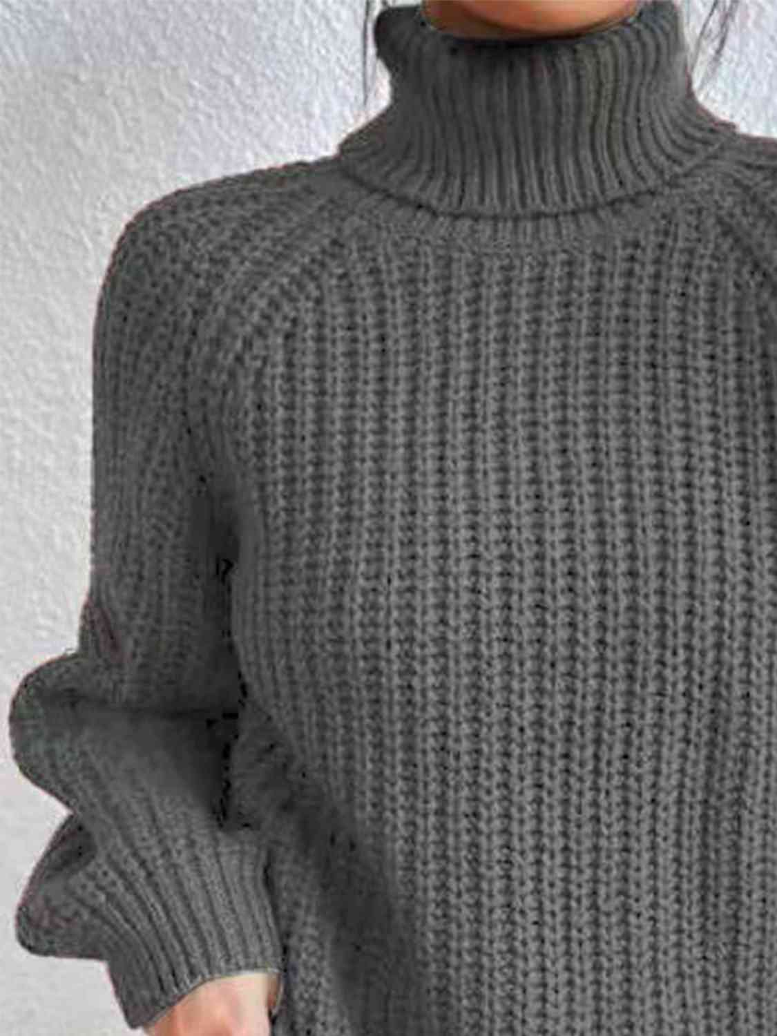 Full Size Turtleneck Rib-Knit Slit Sweater - Deals DejaVu