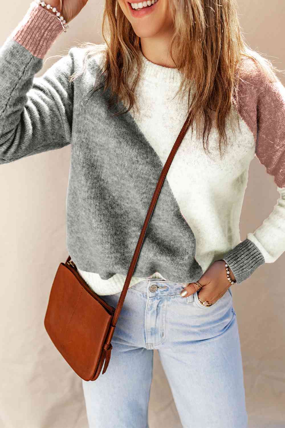 Color Block Round Neck Dropped Shoulder Pullover Sweater - Deals DejaVu