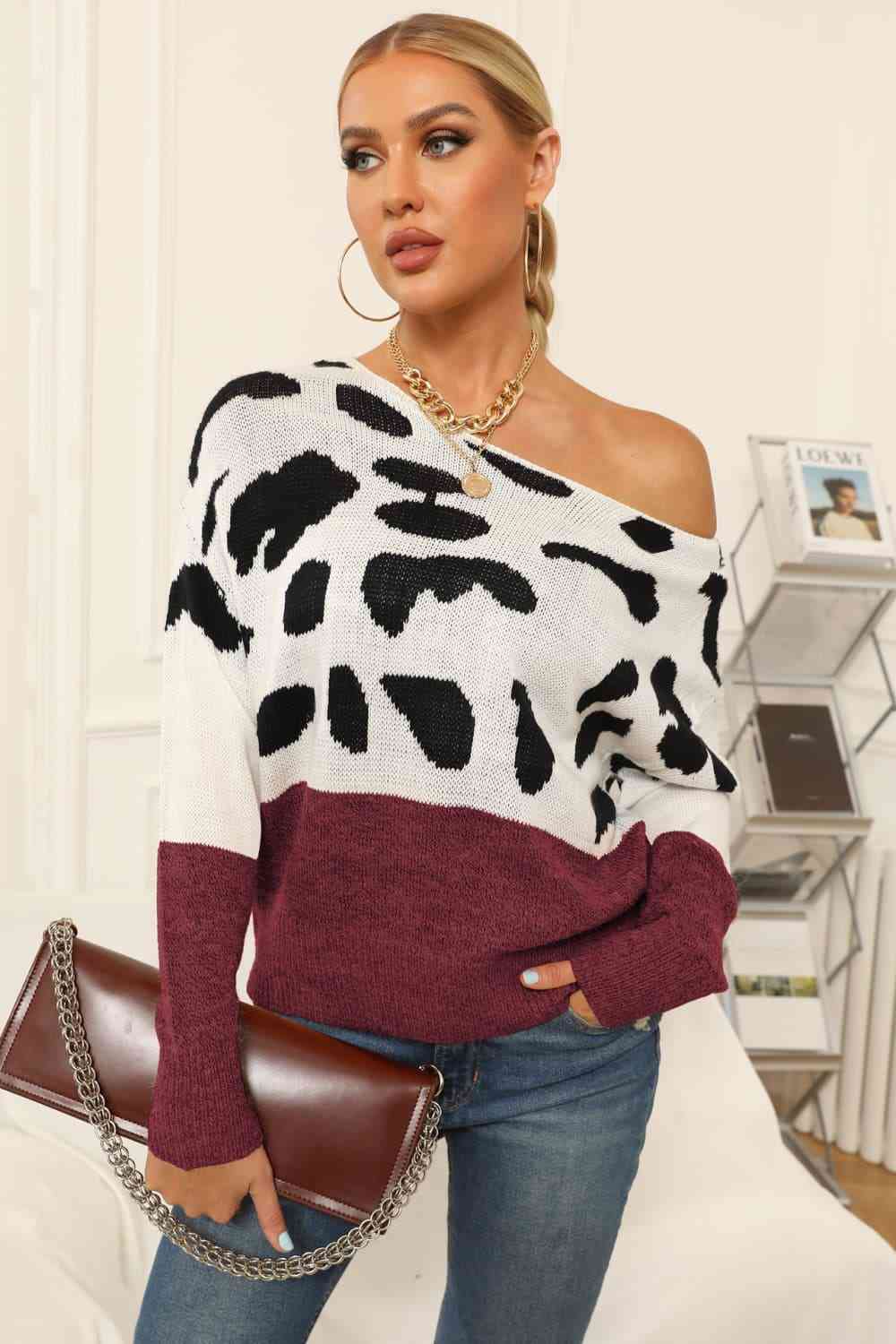 Full Size Two-Tone Boat Neck Sweater - Deals DejaVu