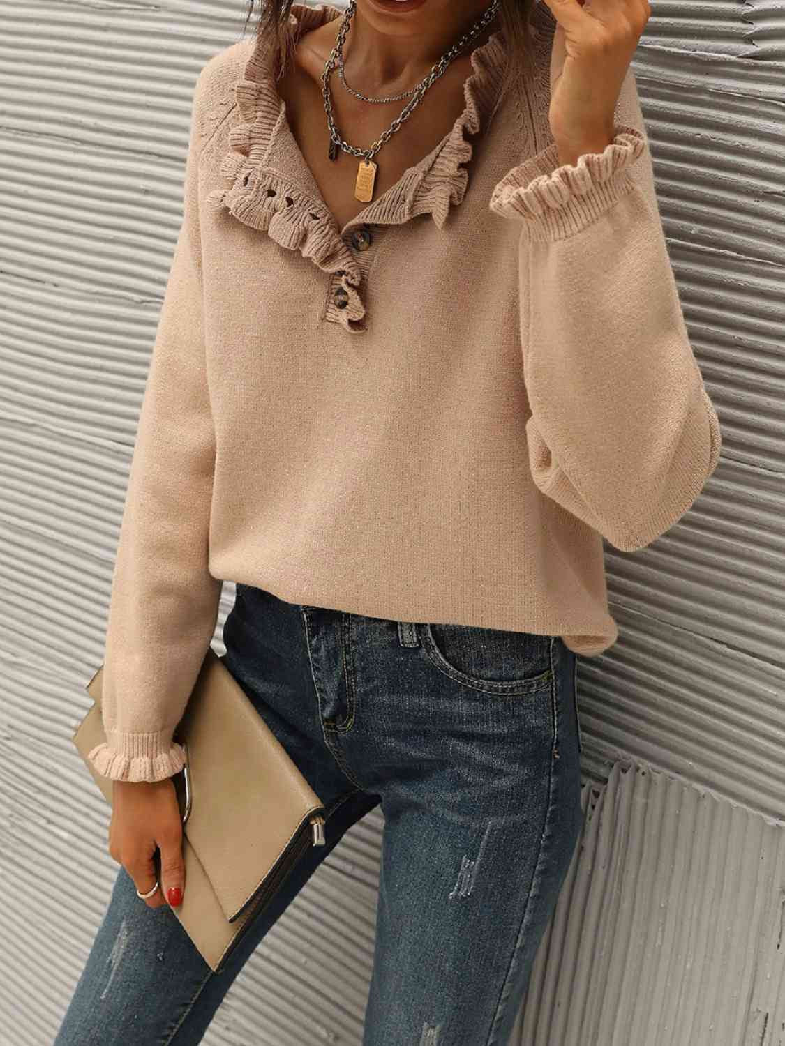 Ruffled Quarter-Button Sweater - Deals DejaVu