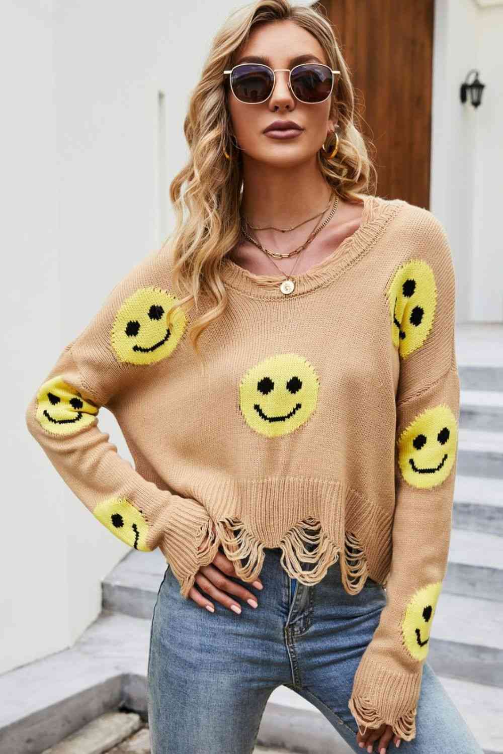 Smiley Face Distressed Round Neck Sweater - Deals DejaVu