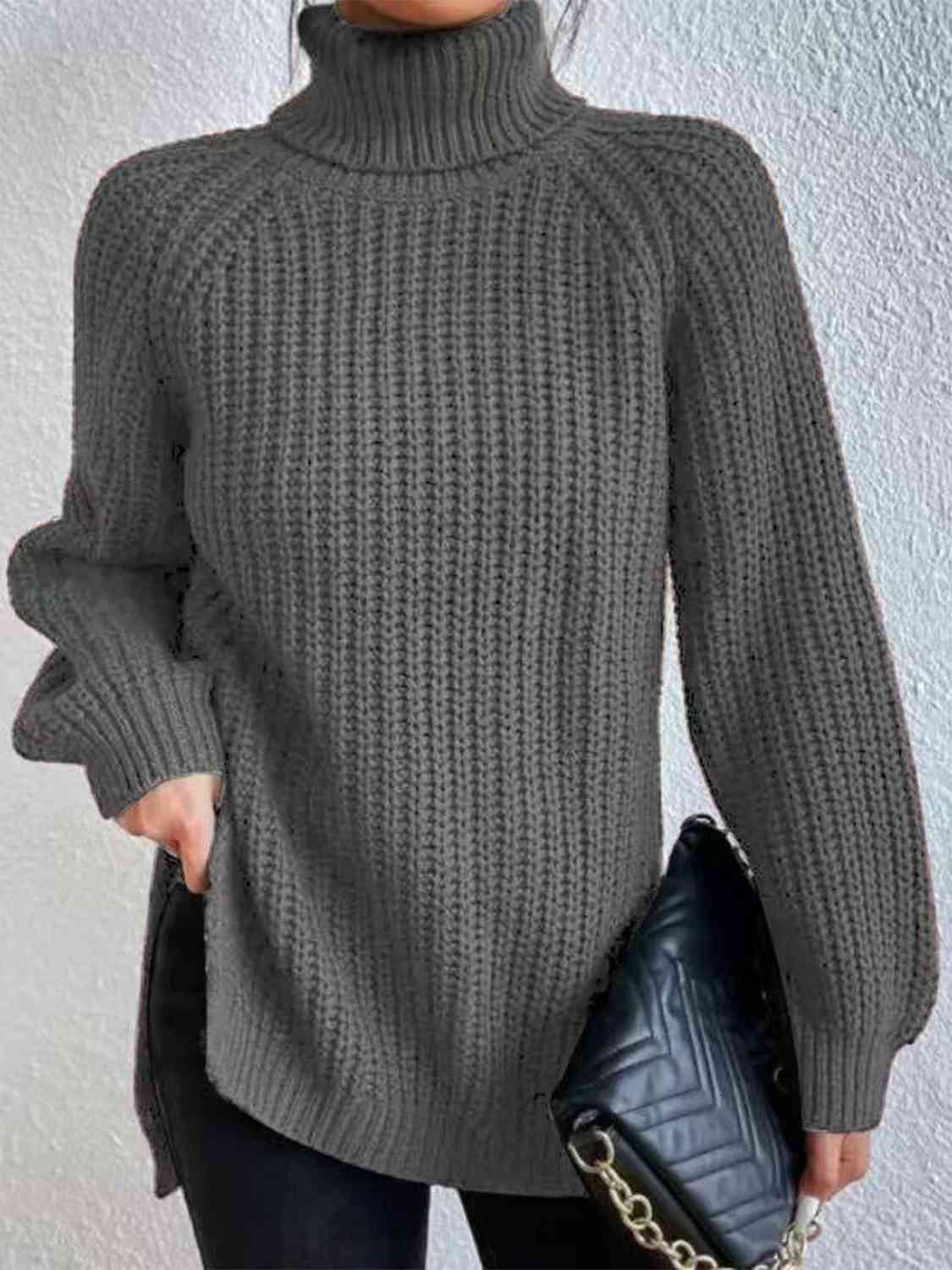 Full Size Turtleneck Rib-Knit Slit Sweater - Deals DejaVu