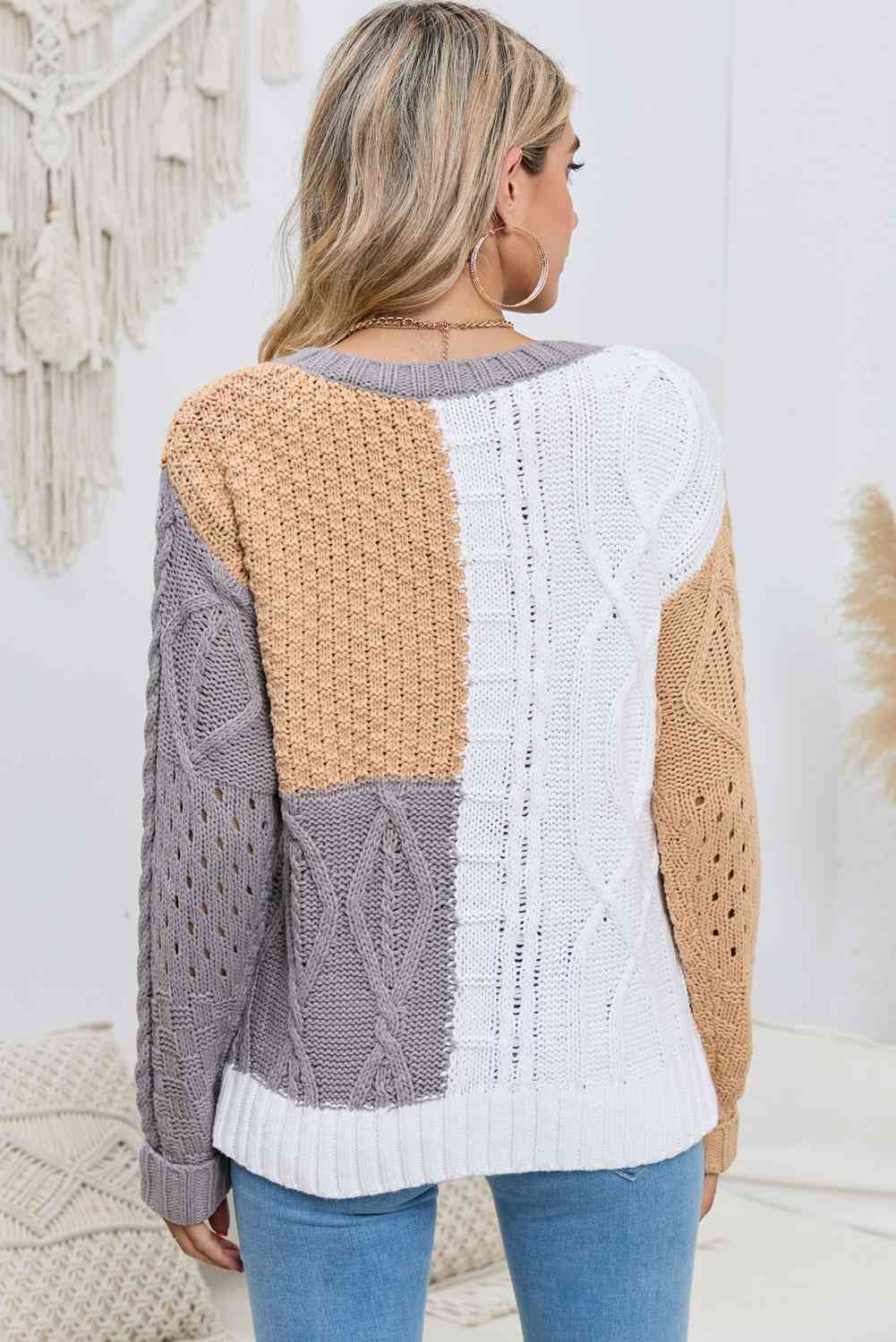 Cable-Knit Openwork Round Neck Color Block Sweater - Deals DejaVu