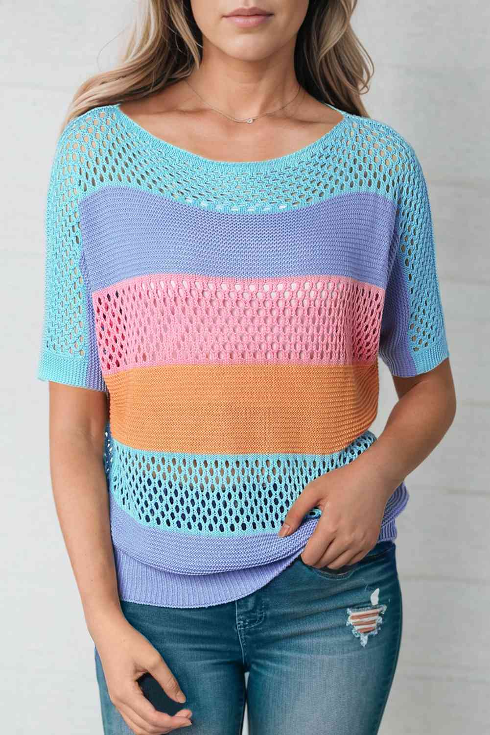 Color Block Openwork Round Neck Pullover Sweater - Deals DejaVu