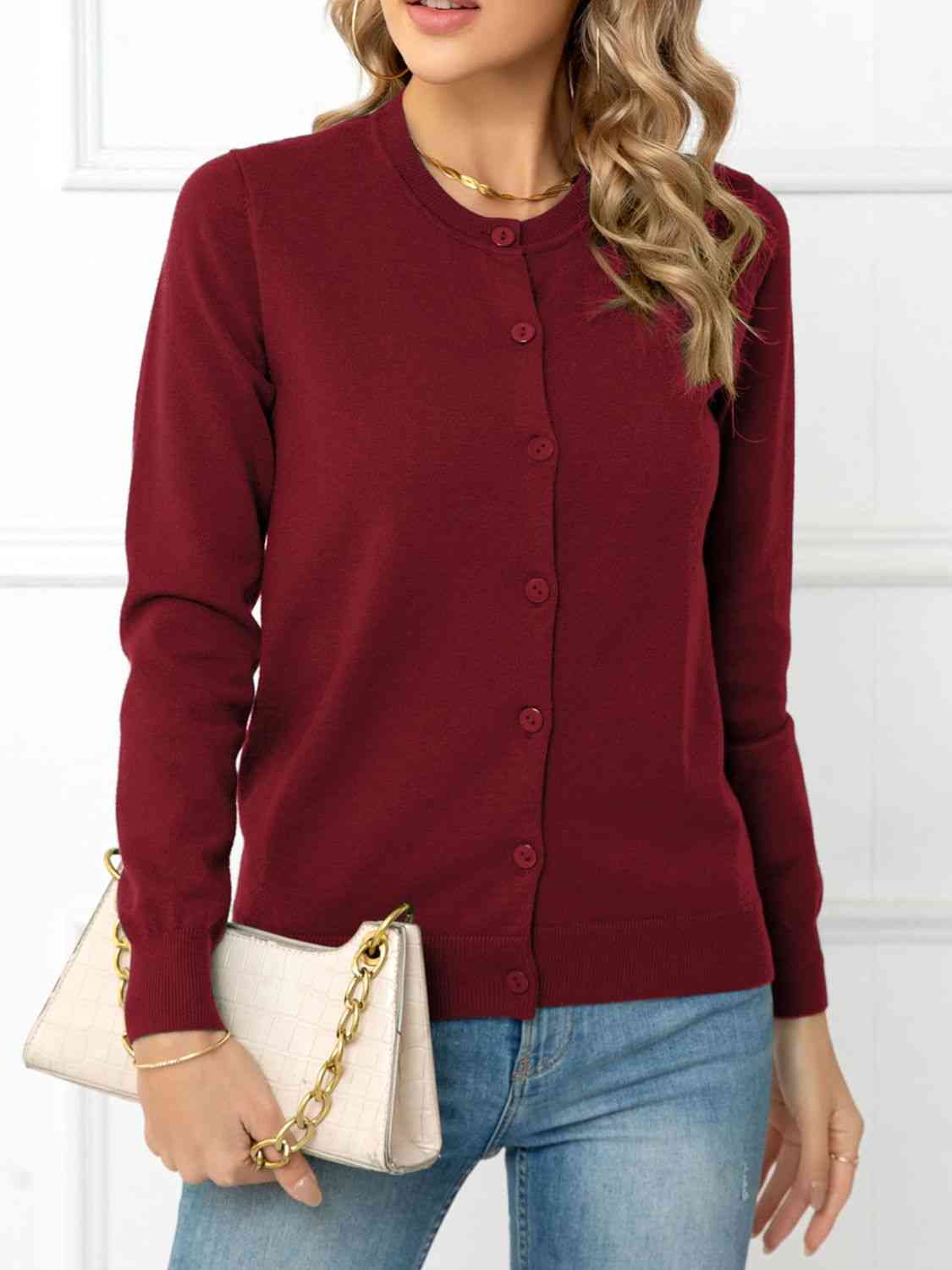 Button Down Round Neck Cardigan - Deals DejaVu