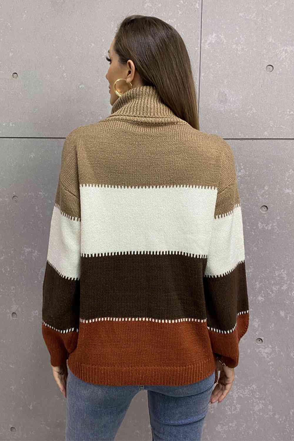 Color Block Lantern Sleeve Turtleneck Sweater - Deals DejaVu