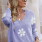 Flower Distressed Ribbed Trim Sweater - Deals DejaVu