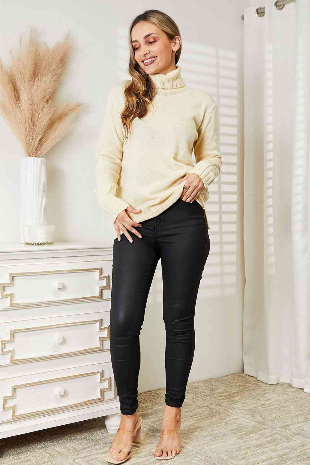 Heimish Full Size Long Sleeve Turtleneck Sweater with Side Slit - Deals DejaVu