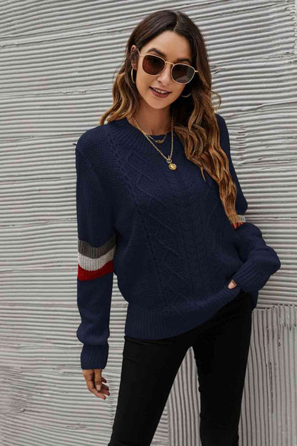 Feeling You Best Striped Cable-Knit Round Neck Sweater - Deals DejaVu