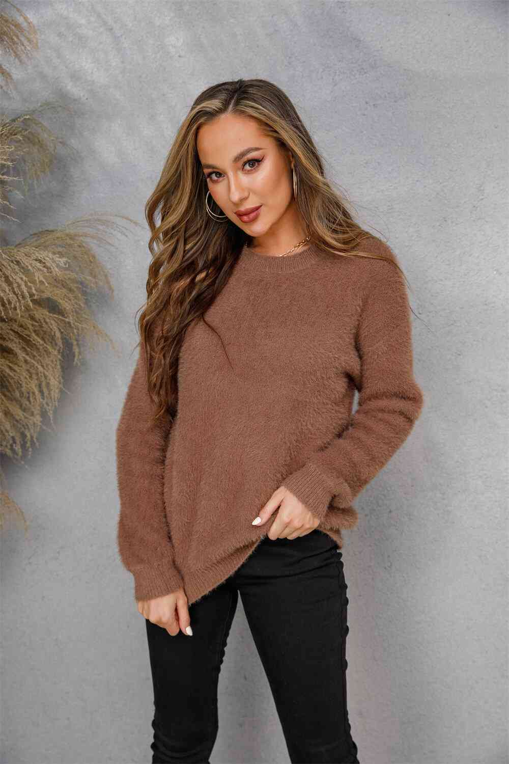 Dropped Shoulder Round Neck Fuzzy Sweater - Deals DejaVu