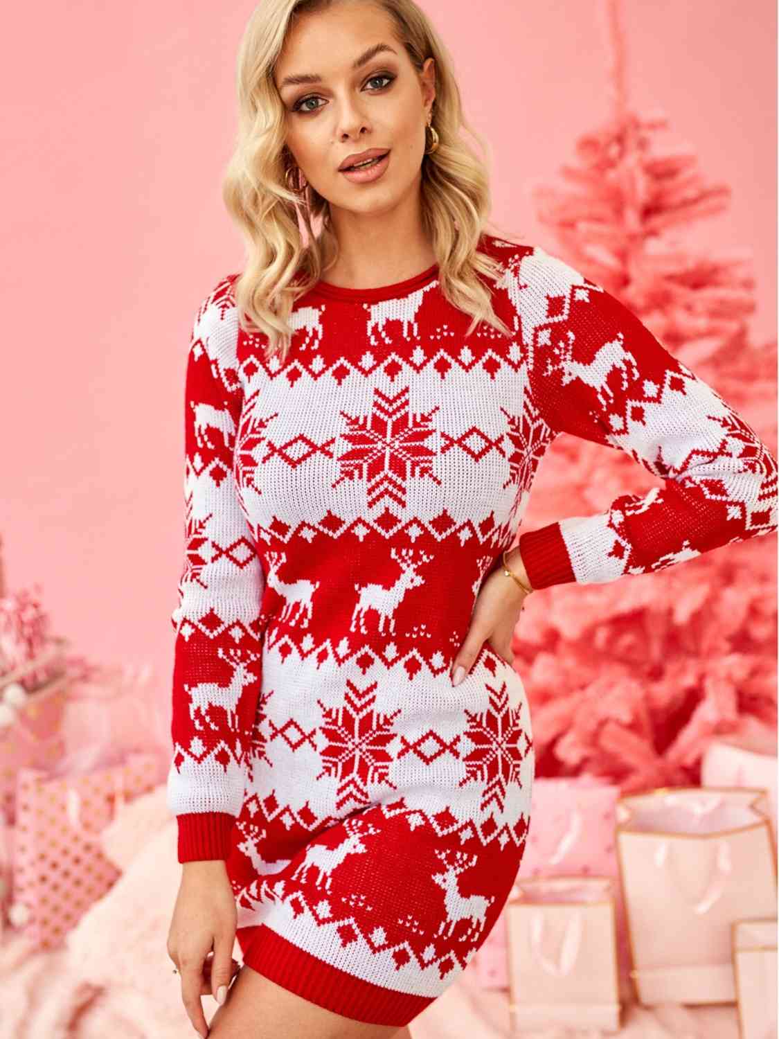 Reindeer & Snowflake Round Neck Sweater Dress - Deals DejaVu