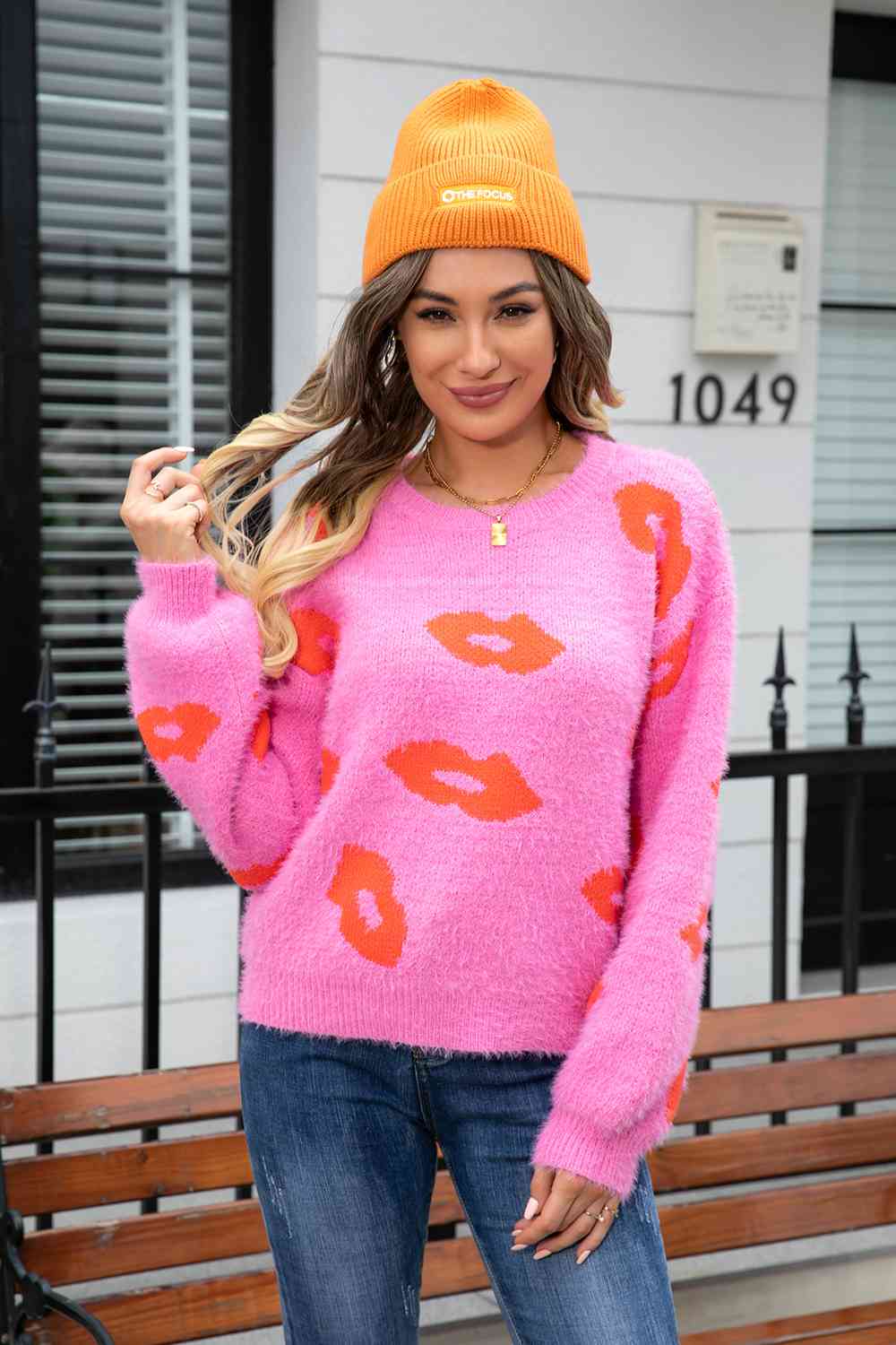 Printed Round Neck Long Sleeve Fuzzy Sweater - Deals DejaVu