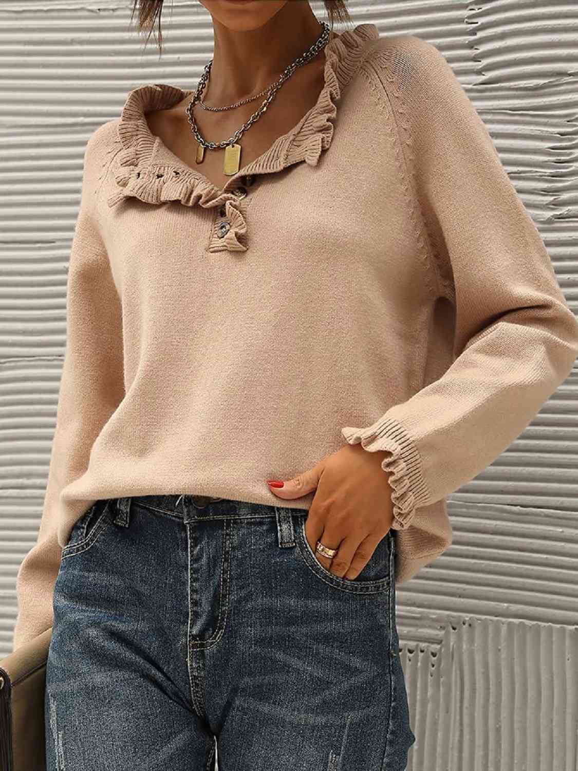 Ruffled Quarter-Button Sweater - Deals DejaVu