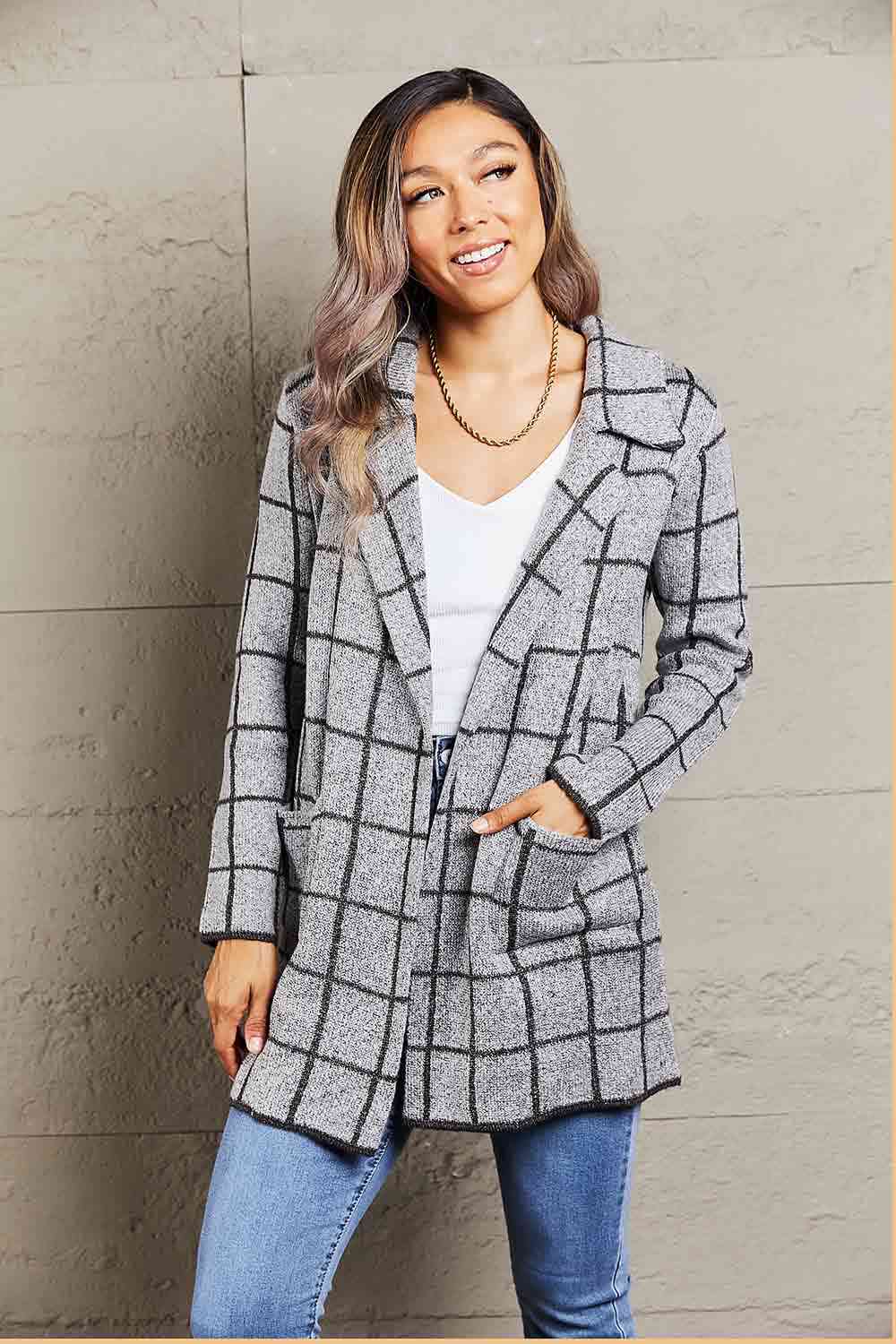 Double Take Printed Open Front Lapel Collar Cardigan with Pockets - Deals DejaVu