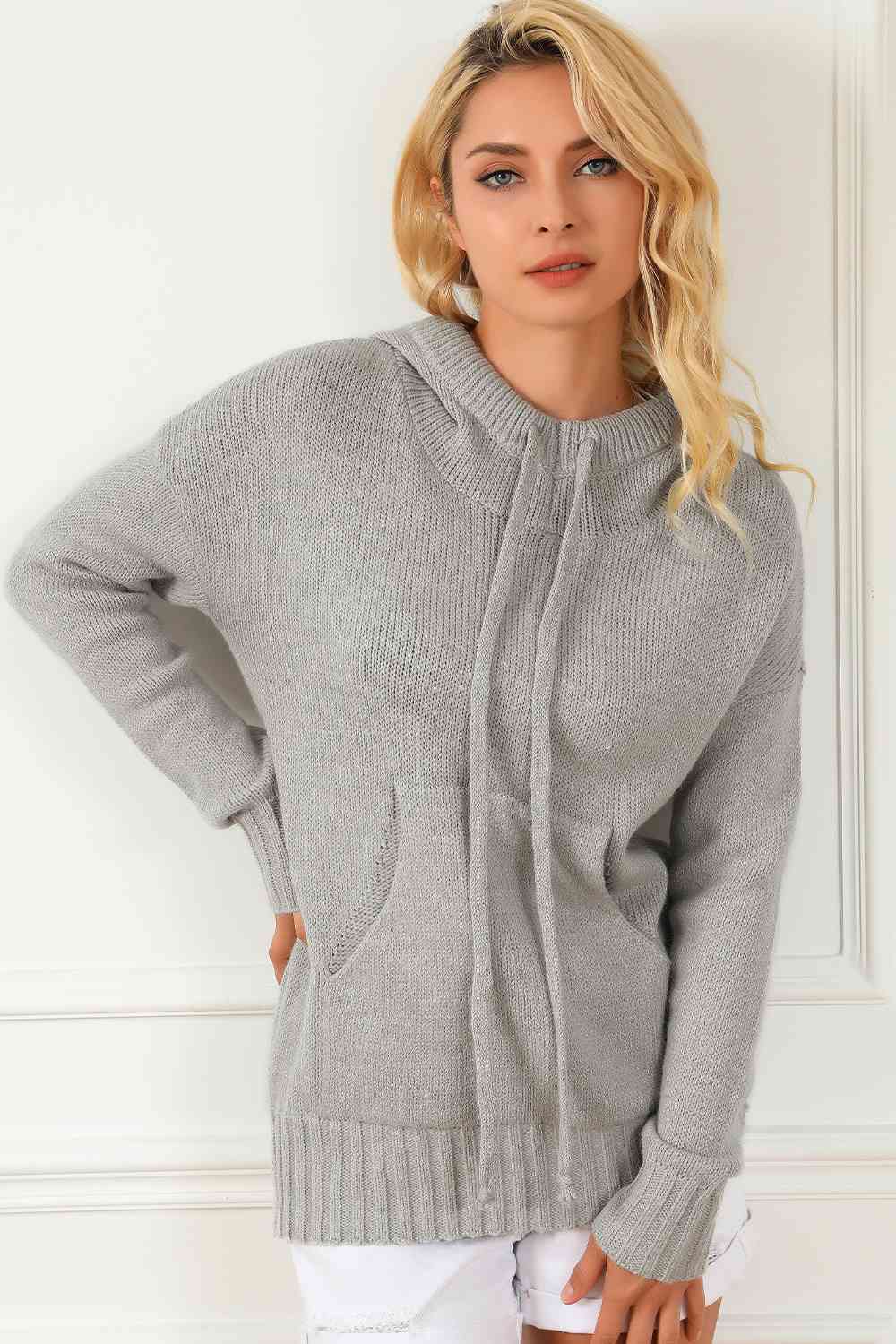 Drawstring Hooded Sweater with Pocket - Deals DejaVu