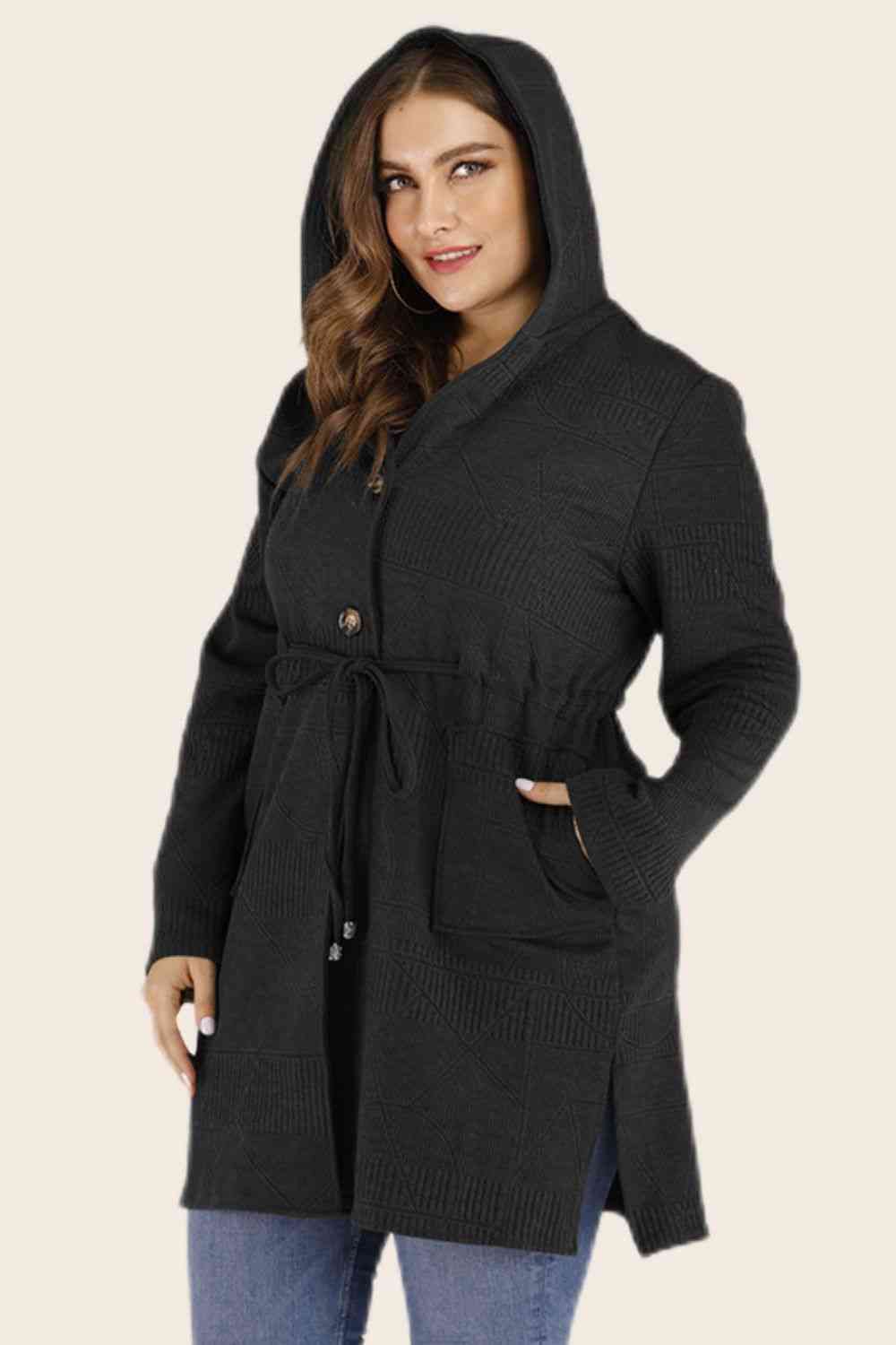 Plus Size Drawstring Waist Hooded Cardigan with Pockets - Deals DejaVu