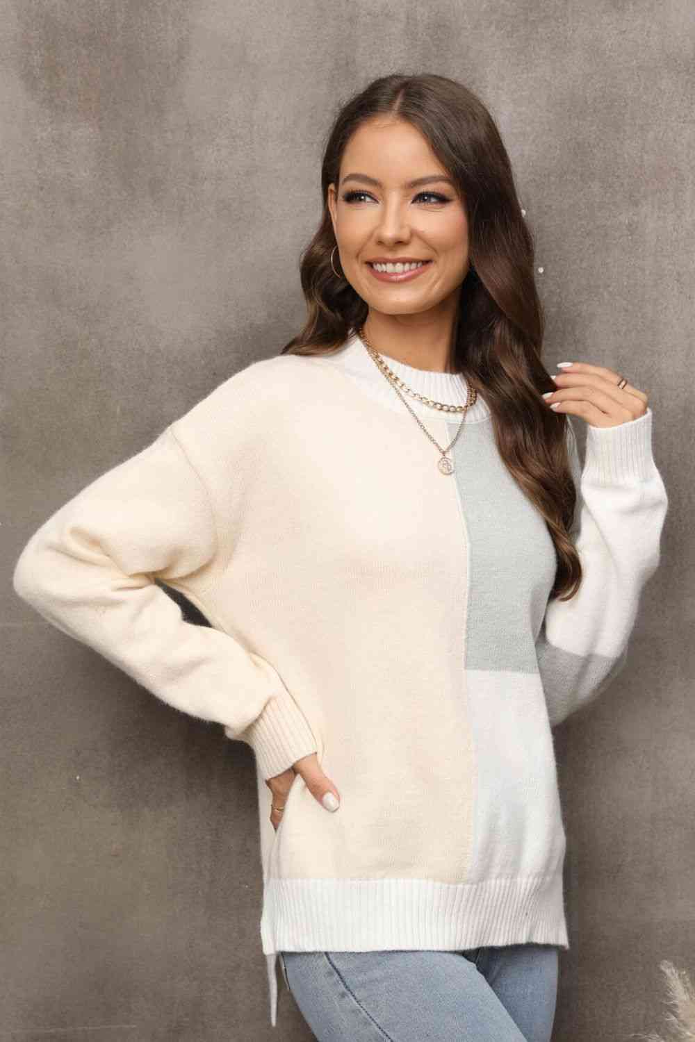 Color Block Crewneck Drop Shoulder Sweater - Deals DejaVu