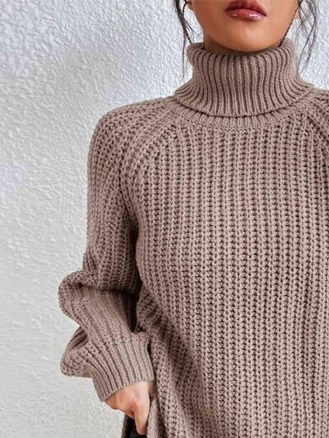 Full Size Turtleneck Rib-Knit Slit Sweater - Deals DejaVu