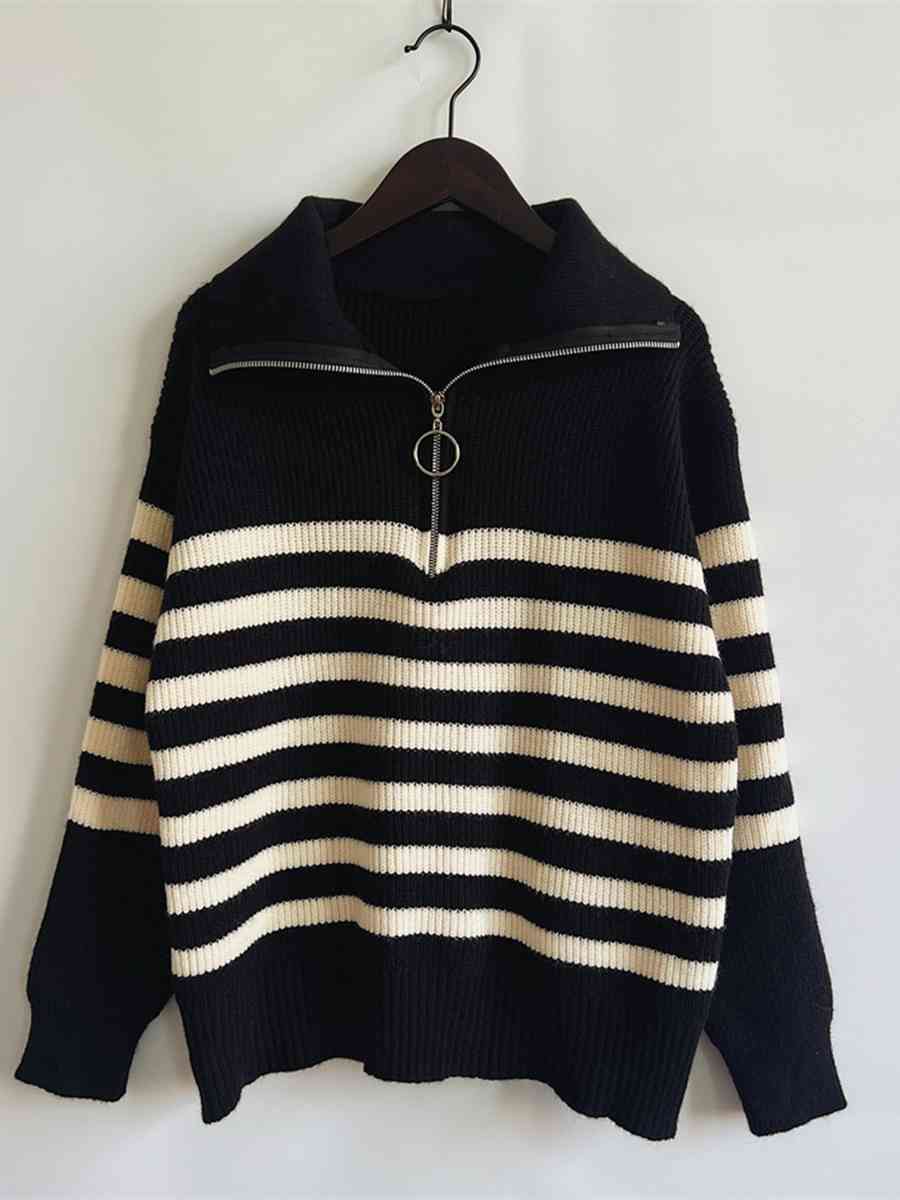 Striped Half Zip Collared Sweater - Deals DejaVu