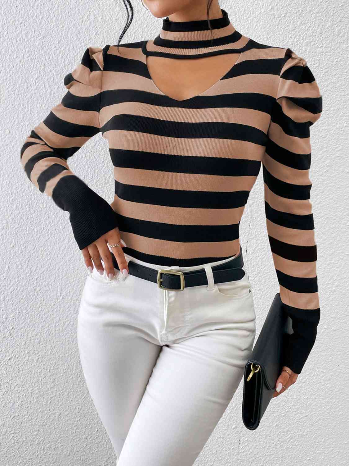 Striped Cutout Mock Neck Knit Top - Deals DejaVu