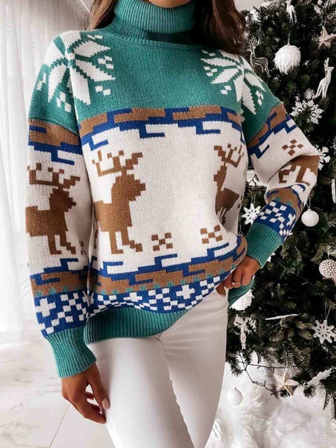 Reindeer Turtleneck Drop Shoulder Sweater - Deals DejaVu