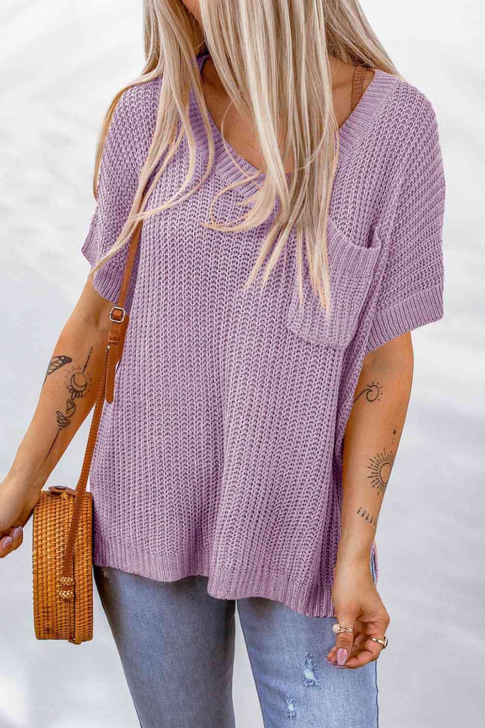 Side Slit V-Neck Short Sleeve Sweater - Deals DejaVu