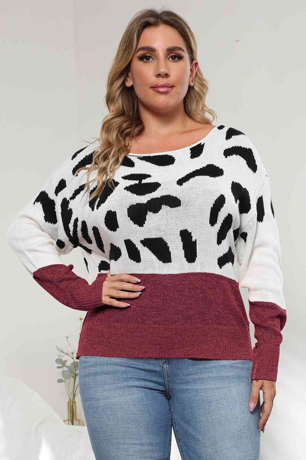 Plus Size Leopard Round Neck Long Sleeve Sweater - Deals DejaVu