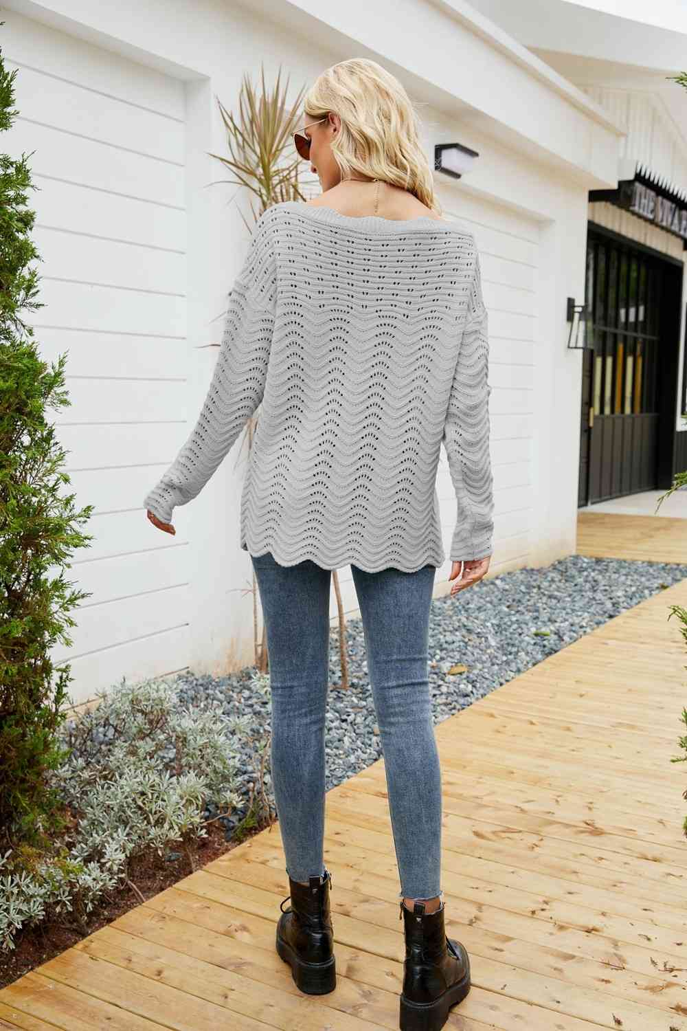 Woven Right Scalloped Boat Neck Openwork Tunic Sweater - Deals DejaVu