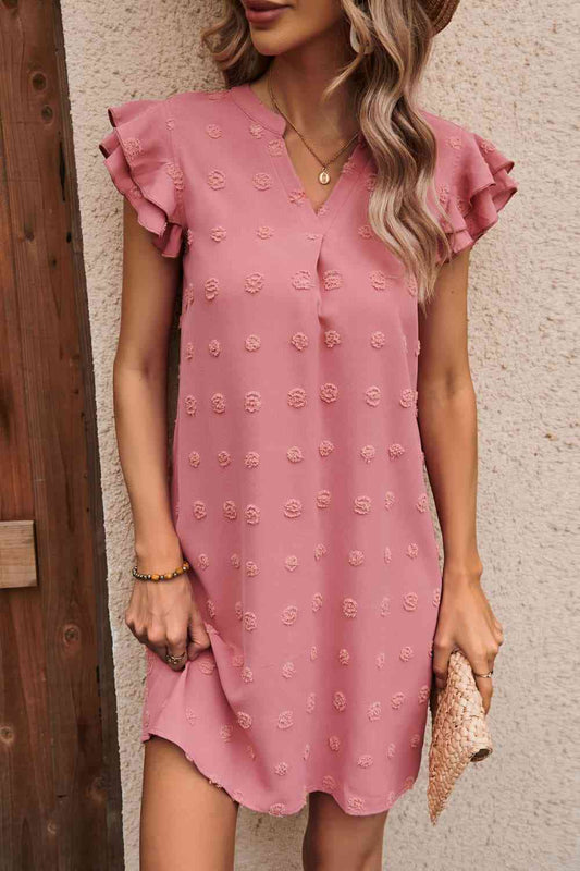 Swiss Dot Notched Neck Flutter Sleeve Dress - Deals DejaVu