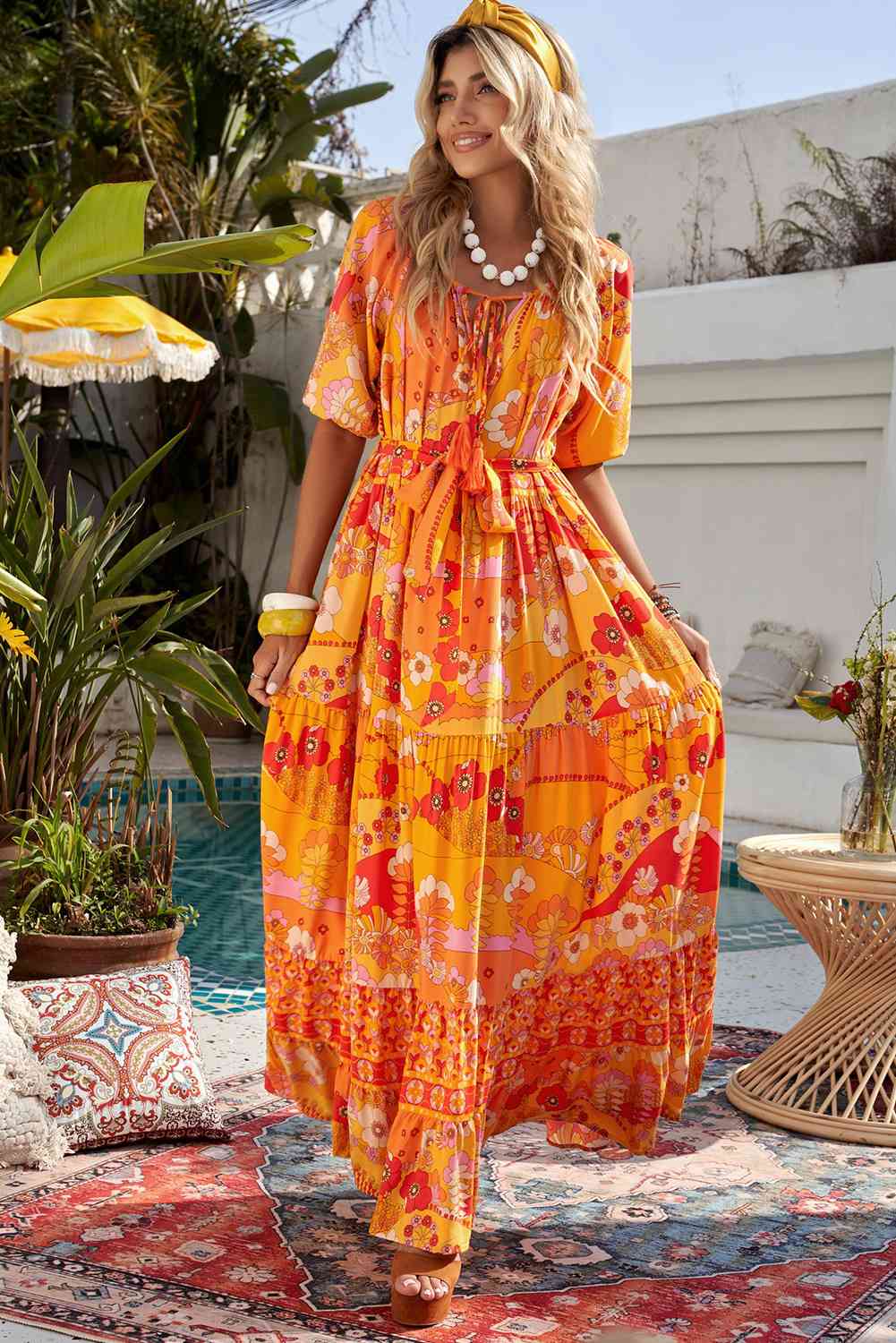 Bohemian Tie-Waist Tiered Maxi Dress (BWMT) T - Deals DejaVu